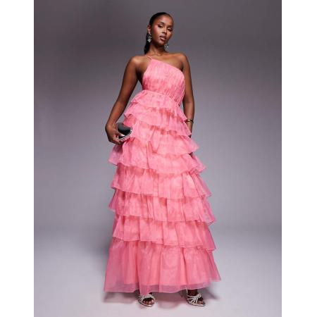 ASOS LUXE Asymmetrische maxi-jurk van organza met ruches in roze