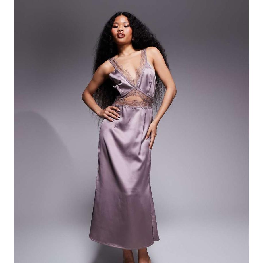 Never Fully Dressed Petite Kanten maxi slipdress met uitsnijding in nertsbruin-Veelkleurig Multicolor