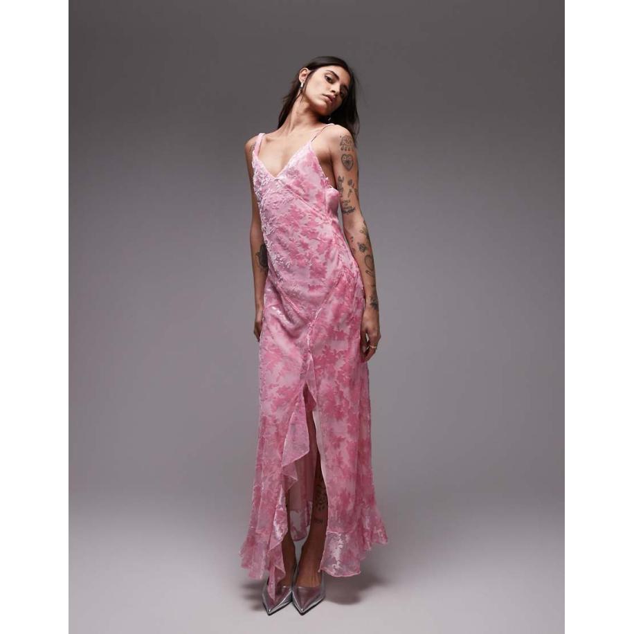 Topshop Burn-out maxi jurk met gedraaide schouder in roze Roze