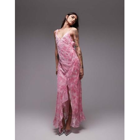 Topshop Burn-out maxi jurk met gedraaide schouder in roze