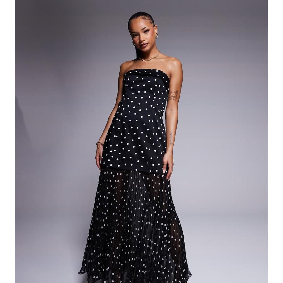 Forever New Petite Geplooide doorschijnende midaxi jurk in zwart met stippen Zwart