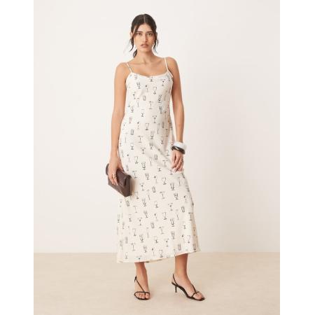 Abercrombie & Fitch Lange slipdress met camibandjes en print in crème-Bruin