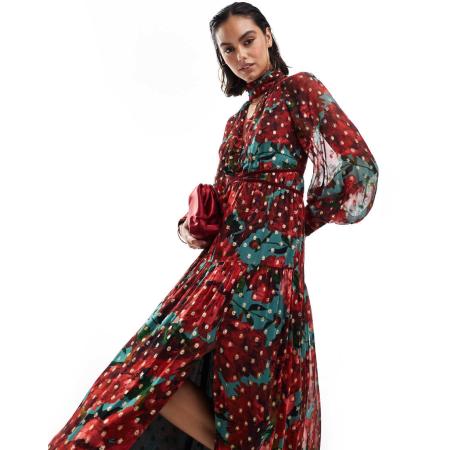 Hope & Ivy Midaxi jurk van metallic dobby mesh in rode bloemenprint-Rood