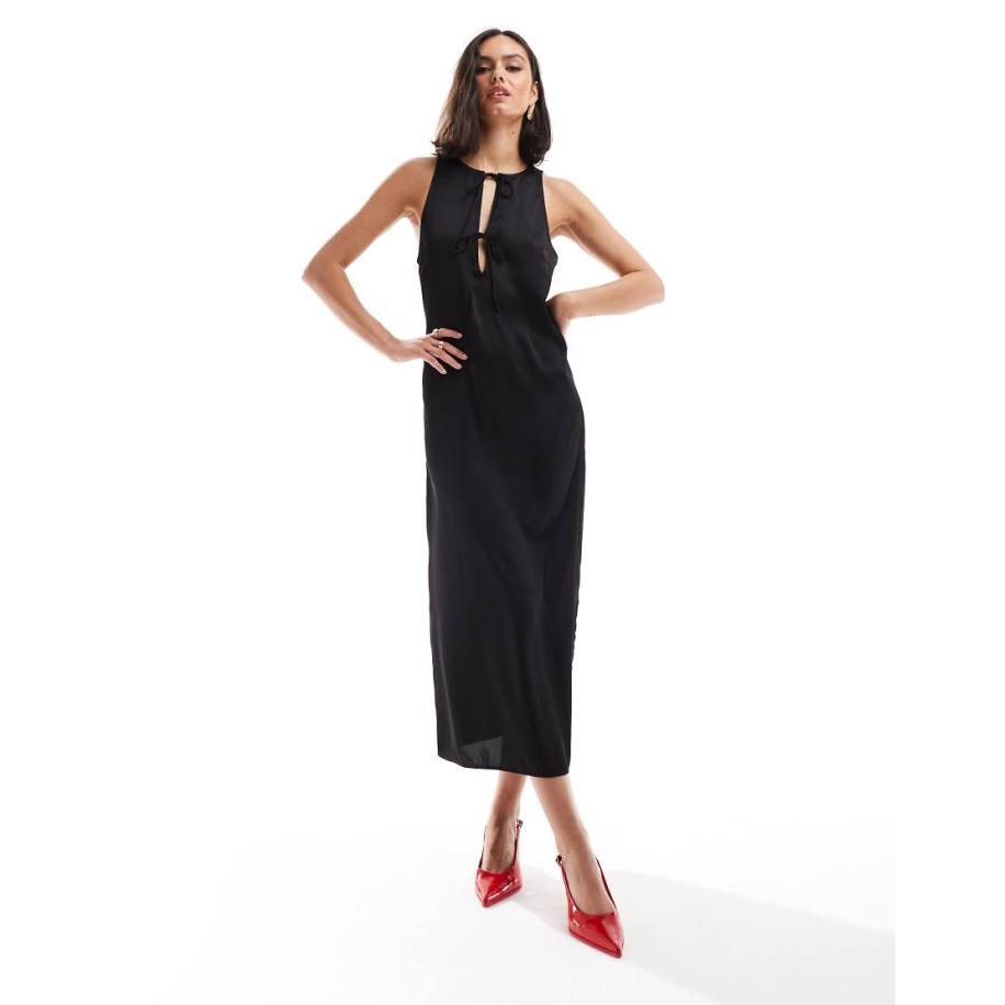 Vila Mouwloze satijnen midi jurk met gestrikte hals in zwart Zwart