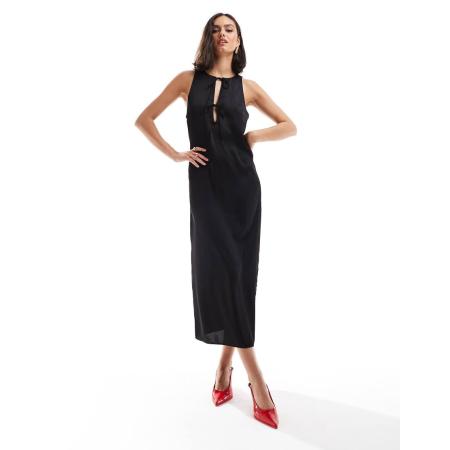 Vila Mouwloze satijnen midi jurk met gestrikte hals in zwart