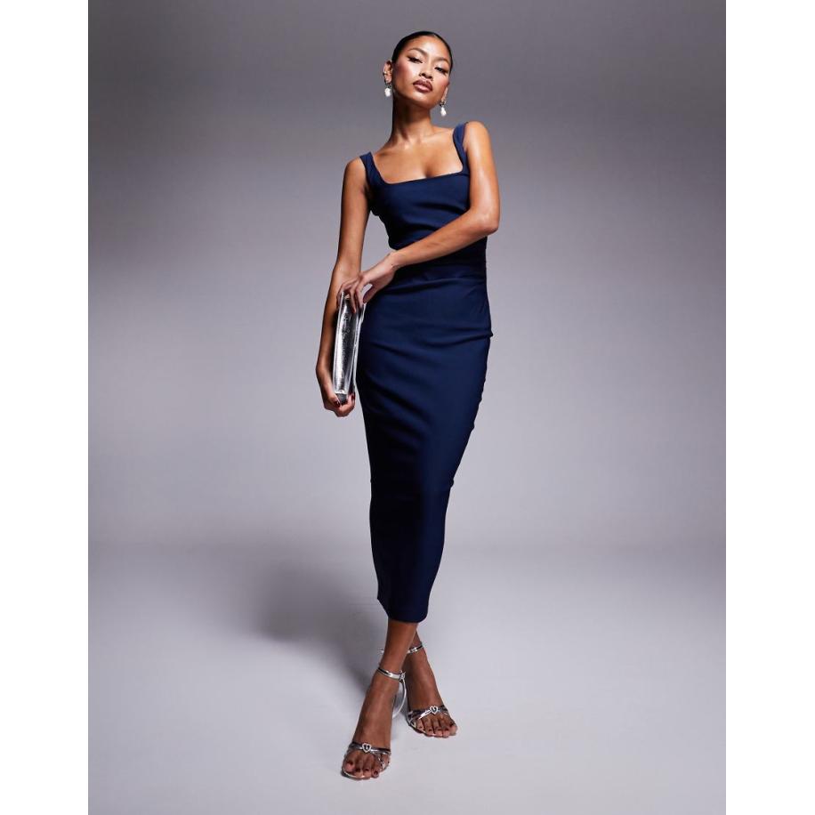 Vesper Bengaline midaxi jurk met vierkante hals in marineblauw Blauw