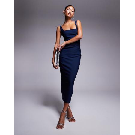 Vesper Bengaline midaxi jurk met vierkante hals in marineblauw