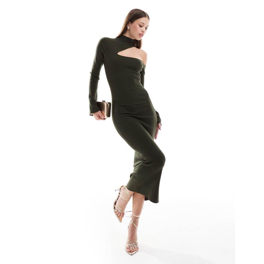 Pretty Lavish Midaxi jurk met uitsnijding in olijfgroen Groen