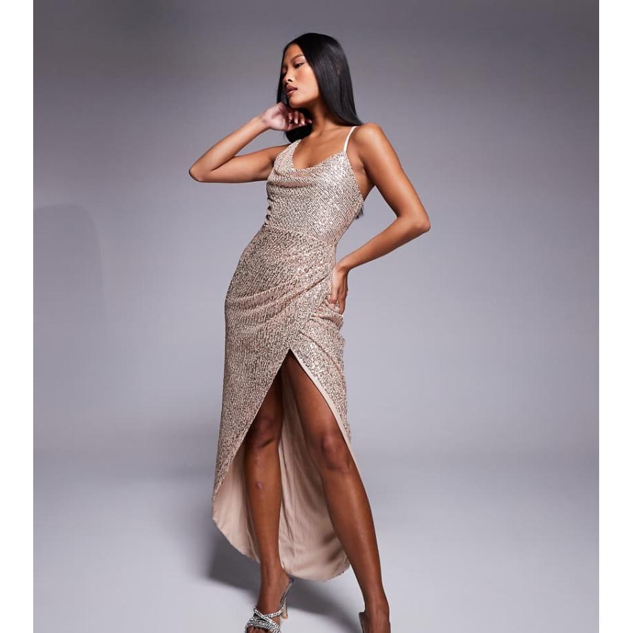 Jaded Rose Petite Maxi jurk met gedrapeerde halslijn en lovertjes in goud Goud