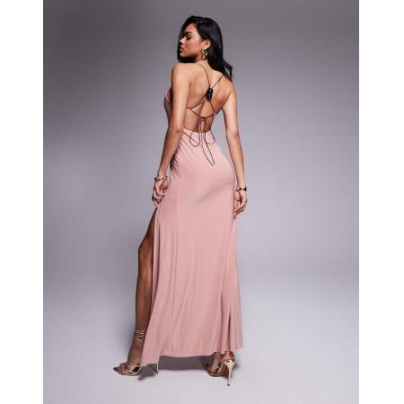 ASOS DESIGN Mouwloze maxi jurk met bandjes, open achterkant en kralen in pastelroze