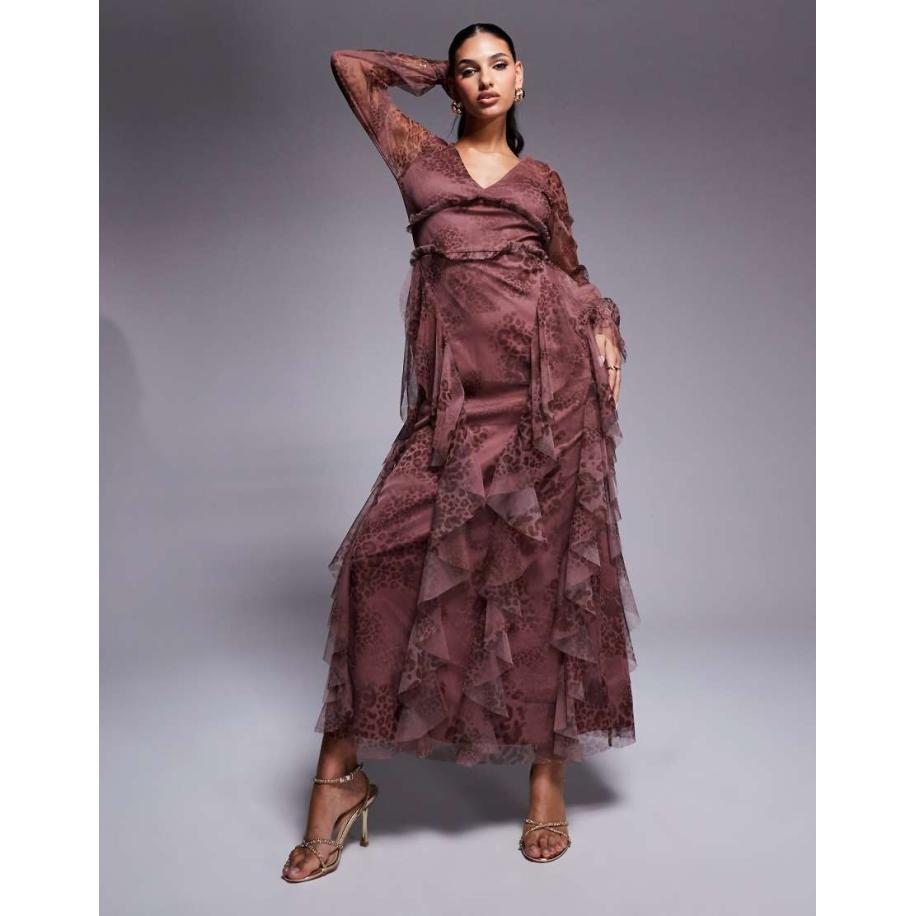 Lace & Beads Maxi jurk met lange mouwen, ruches en dierenprint in bruin-Rood Rood