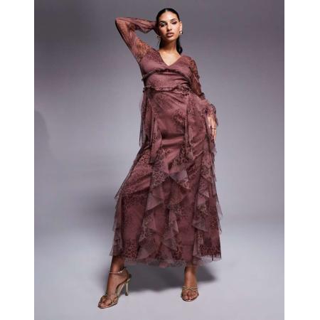 Lace & Beads Maxi jurk met lange mouwen, ruches en dierenprint in bruin-Rood