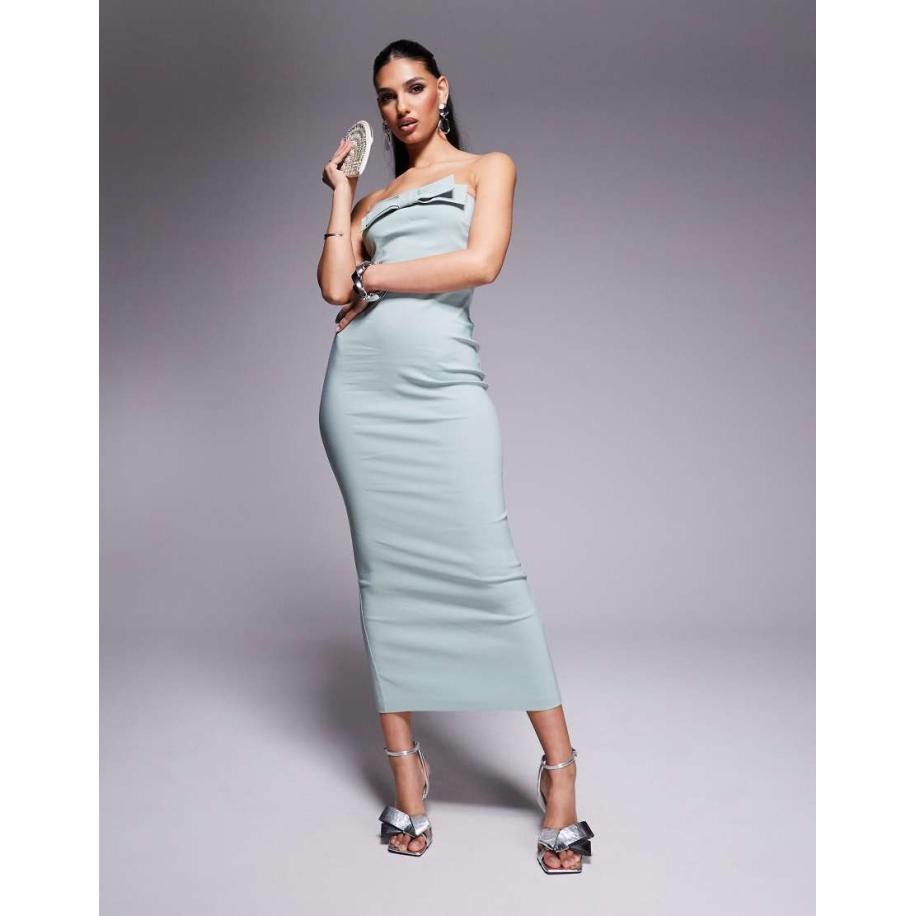 Vesper Bengaline midaxi bodycon jurk met bandeau-halslijn met strikdetail in saliegroen Groen