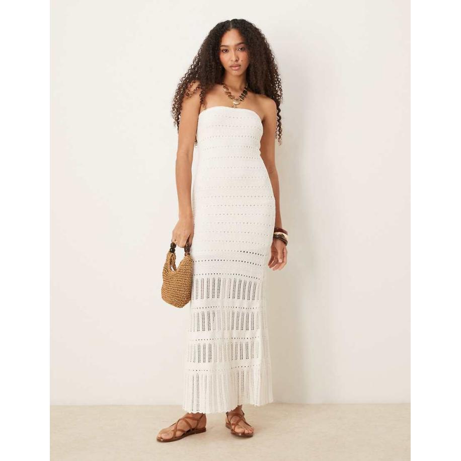 Abercrombie & Fitch Gehaakte bardot midi jurk met kant in crème-Wit Wit