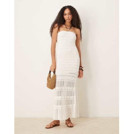 Abercrombie & Fitch Gehaakte bardot midi jurk met kant in crème-Wit