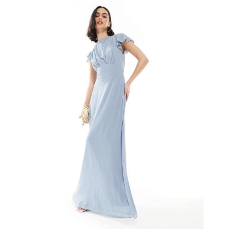 TFNC Bruidsmeisjes Maxi-jurk van chiffon met fladdermouwen en gedrapeerde achterkant in oudblauw