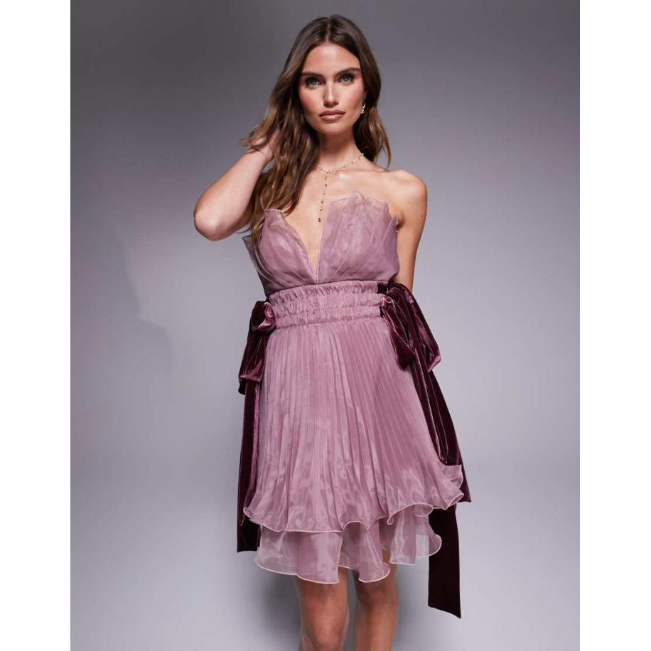 ASOS LUXE Bandeau mini-jurk van geplooid organza met strikken in lila-Paars Paars