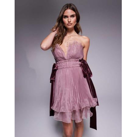 ASOS LUXE Bandeau mini-jurk van geplooid organza met strikken in lila-Paars