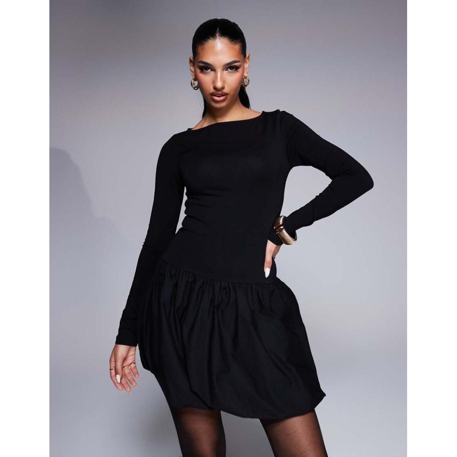 ASOS DESIGN Mini jurk met bolle zoom, verlaagde taille en poplin rok in zwart Zwart
