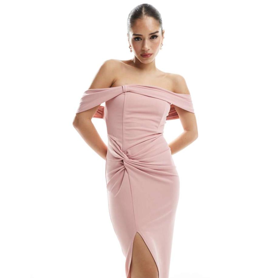 TFNC Bruidsmeisjes Maxi-jurk met lage schouders en split in oudroze Roze