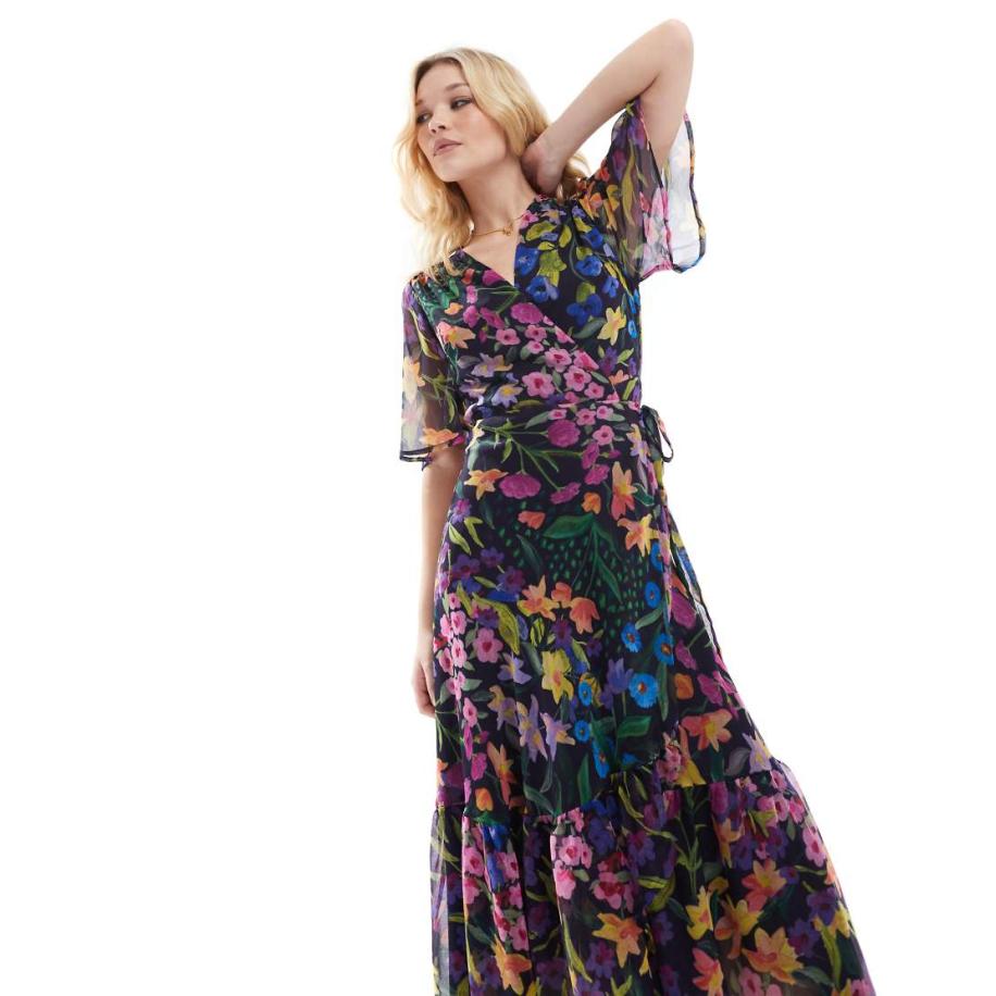 Hope & Ivy Maxi overslagjurk met fladdermouwen en striktaille in paars multi Paars