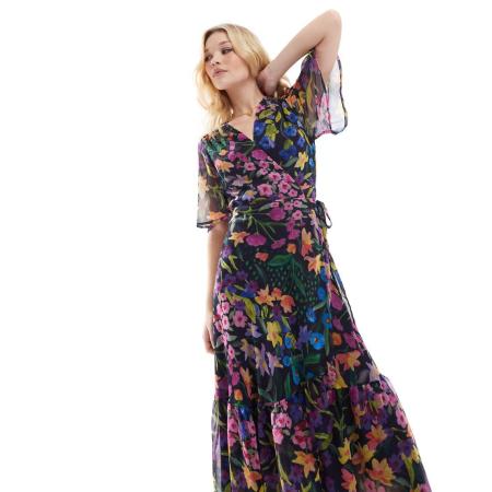 Hope & Ivy Maxi overslagjurk met fladdermouwen en striktaille in paars multi