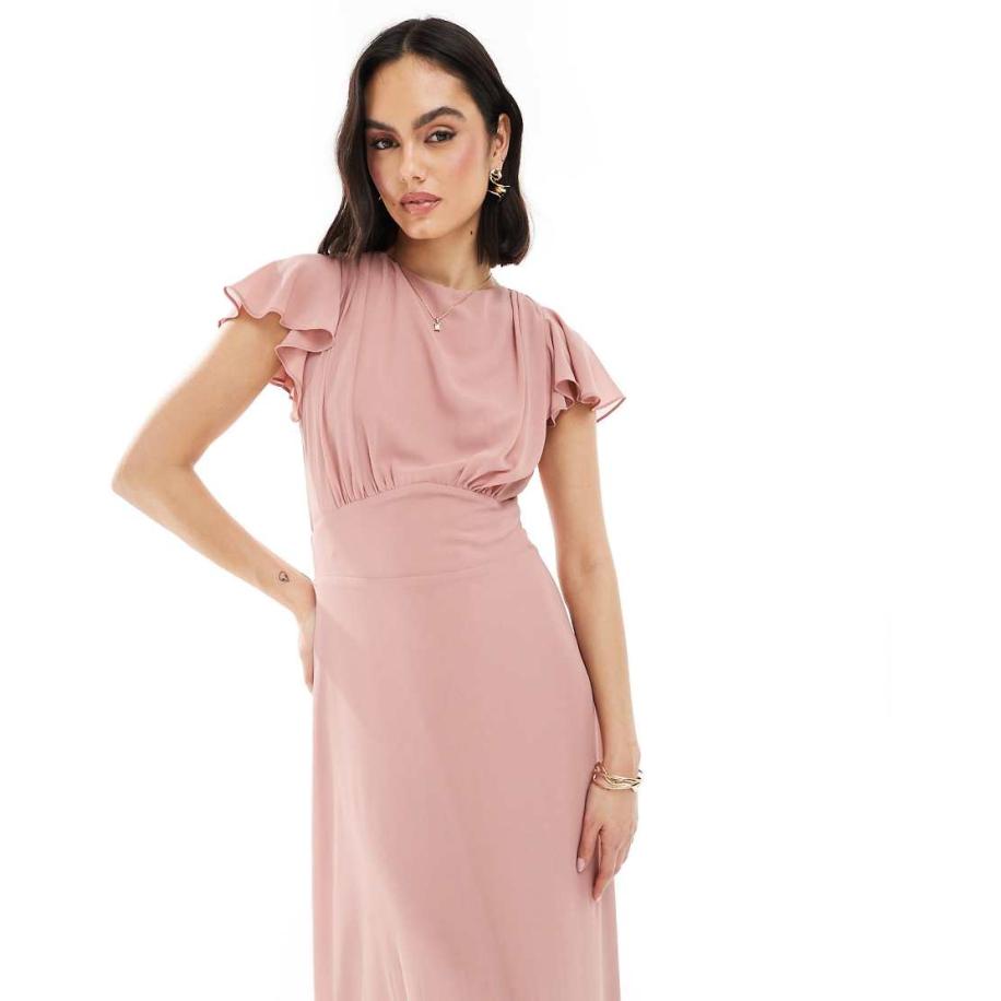 TFNC Bruidsmeisjes Maxi-jurk van chiffon met fladdermouwen en gedrapeerde achterkant in zachtroze Roze