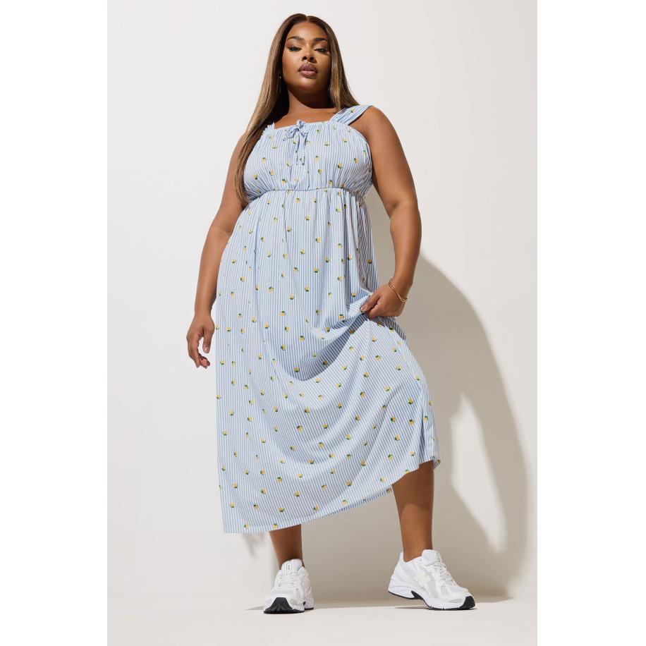 Limited Collection Lange Gestreepte Jurk Met Citroenprint In Blauw Size 58-60 Blauw