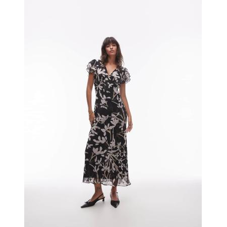 Topshop Midi-jurk met fladdermouwen en bloemenprint in mono bloemenprint-Veelkleurig
