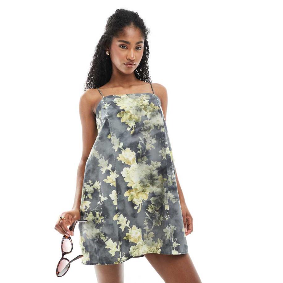 Monki Mini jurk van katoenen poplin met strikbandjes in gele print-Geel Geel