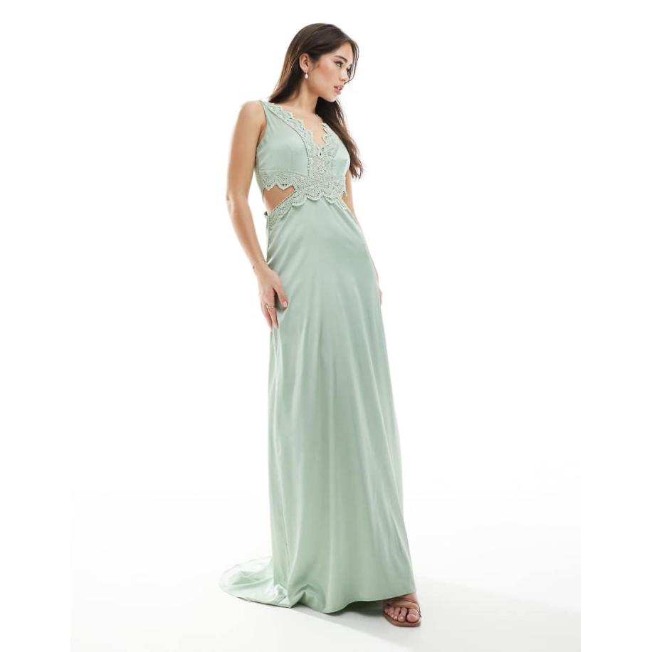 TFNC Bruidsmeisjes Satijnen maxi jurk met geschulpt kanten detail in saliegroen Groen