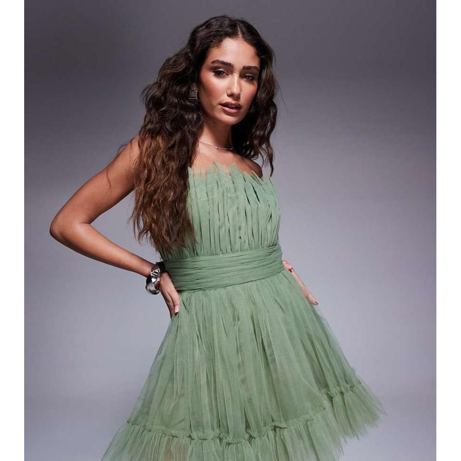 Lace & Beads Petite Mini bandeau-jurk met structuur in olijfgroen Groen