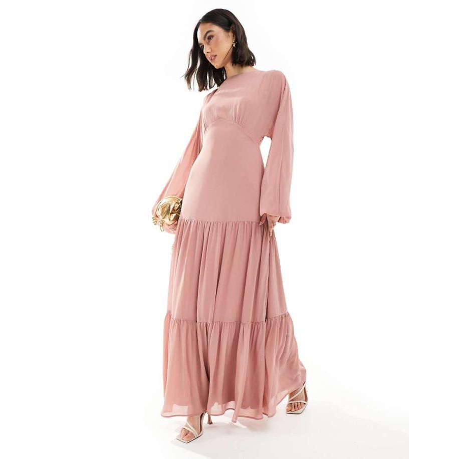 TFNC Bruidsmeisjes Maxi-jurk van chiffon met rok met stroken in oudroze Roze