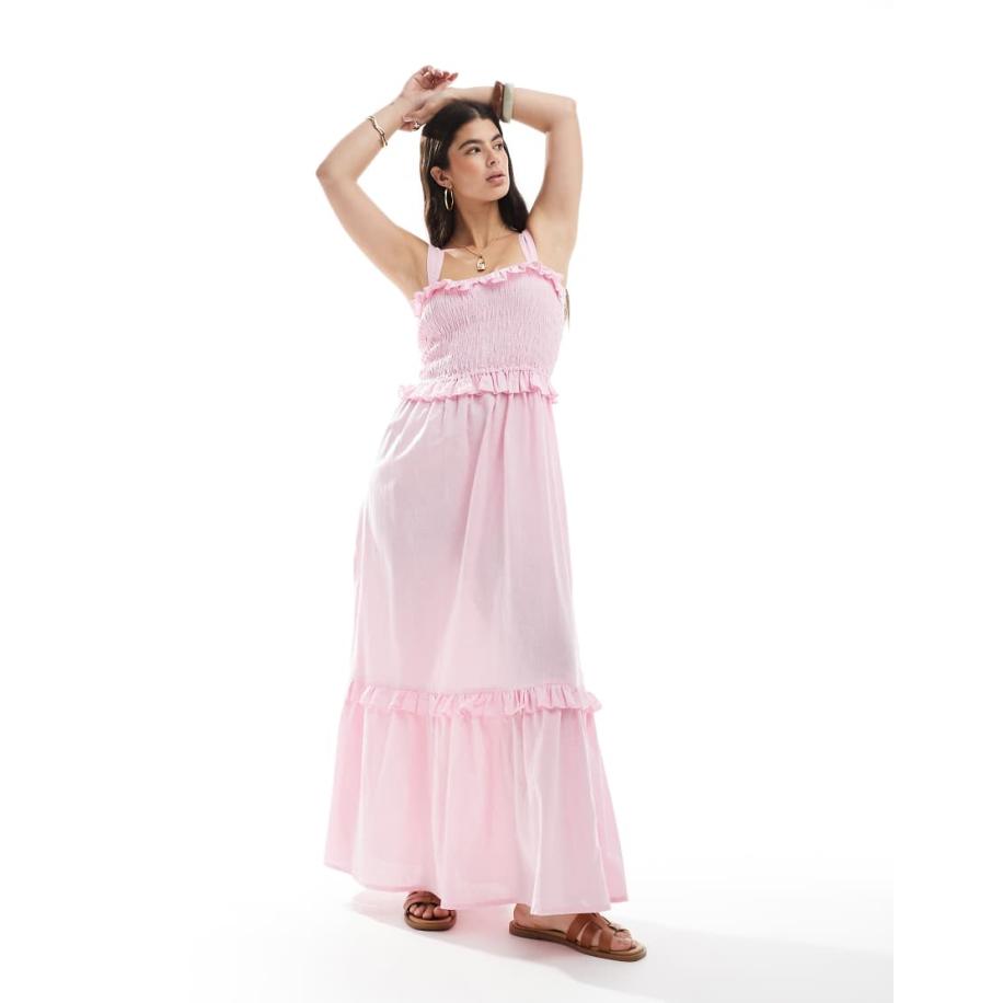 Esmee Exclusives Maxi-strandjurk met ruches, rimpeleffect en stroken in roze Roze