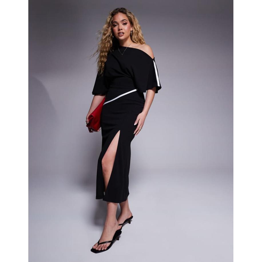 ASOS DESIGN Midi jurk met blote schouder en contrasterende rand-Zwart Zwart