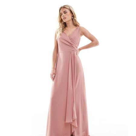 TFNC Petite Bruidsmeisjes Maxi-jurk van chiffon met overslag aan de voorkant en rok met overslag in zachtroze