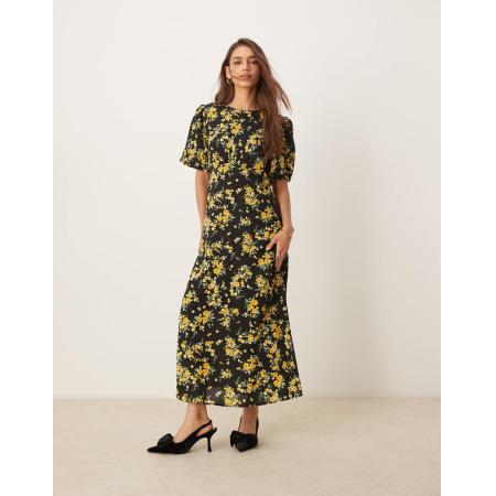 Nobody's Child Benita Midi jurk in zwart met fijne gele bloemenprint-Veelkleurig