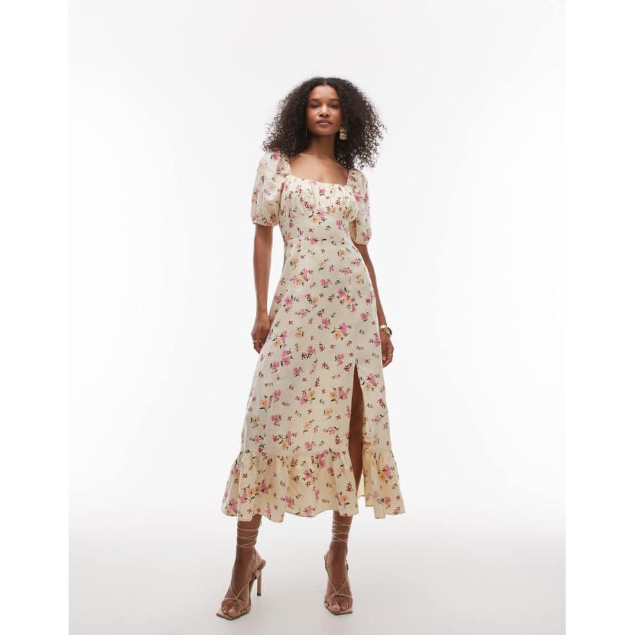 & Other Stories Midaxi-jurk van linnen met pofmouwen en split in bloemenprint-Veelkleurig Multicolor