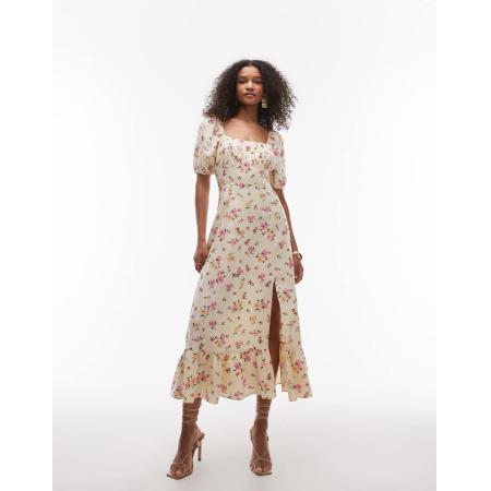 & Other Stories Midaxi-jurk van linnen met pofmouwen en split in bloemenprint-Veelkleurig