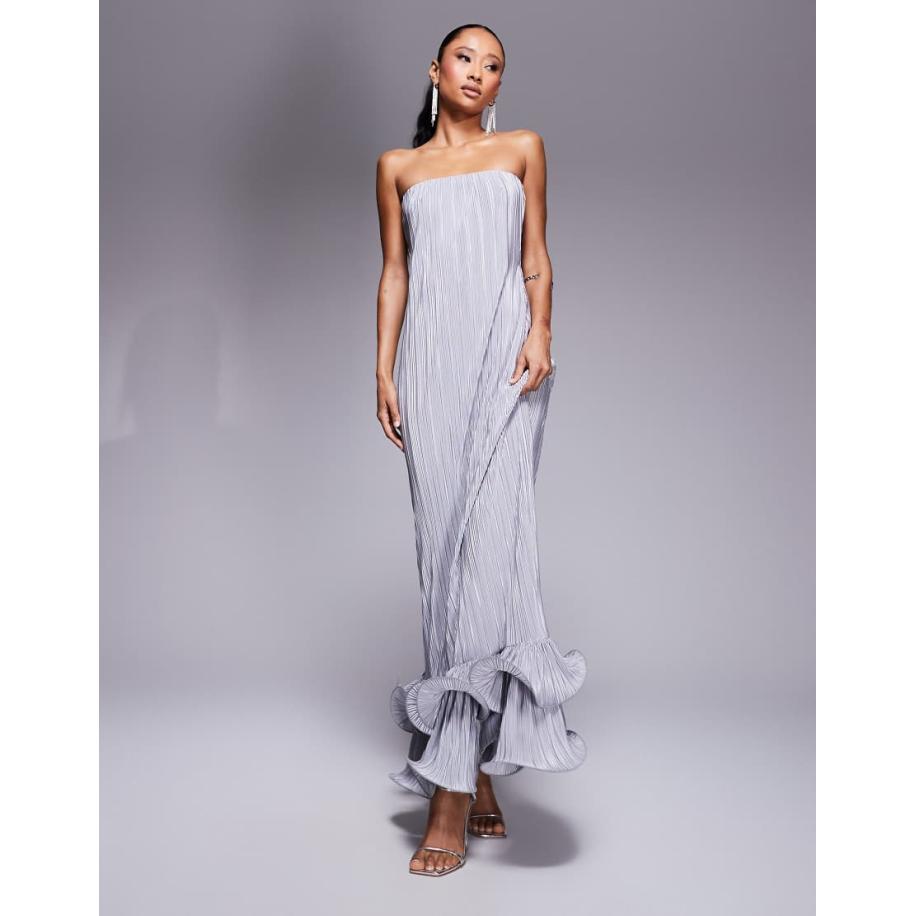 ASOS DESIGN Plissé maxi bandeau-jurk met dramatische krullende zoom in zilver Zilver