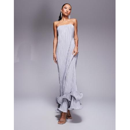 ASOS DESIGN Plissé maxi bandeau-jurk met dramatische krullende zoom in zilver