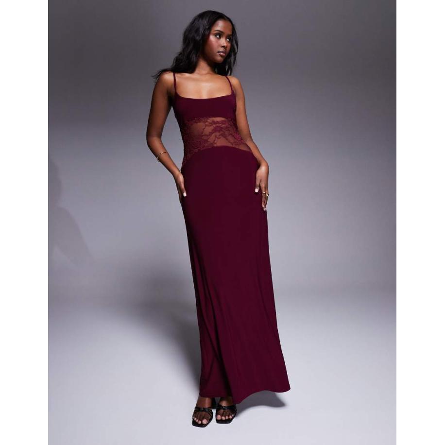 ASOS DESIGN Maxi cami-jurk met kanten inzetstuk in bordeauxrood Rood