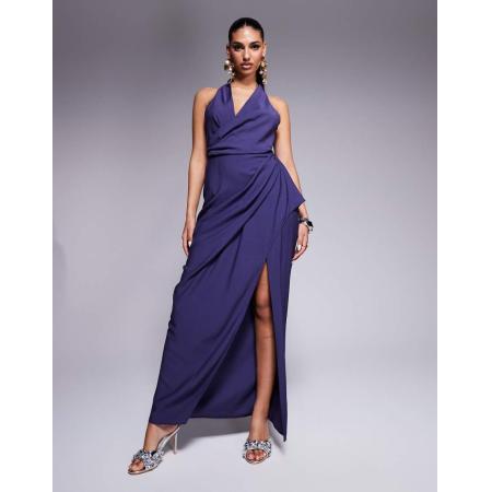 ASOS DESIGN Maxi jurk met diepuitgesneden voorkant met overslag, textuur en gedrapeerde rok in indigo blauw