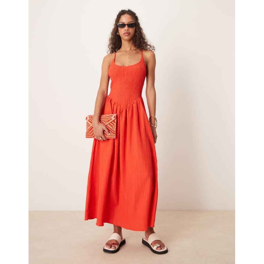 ASOS DESIGN Maxi-jurk van kreukelstof met lage ronde hals en kruisbandjes op de rug in felrood Rood