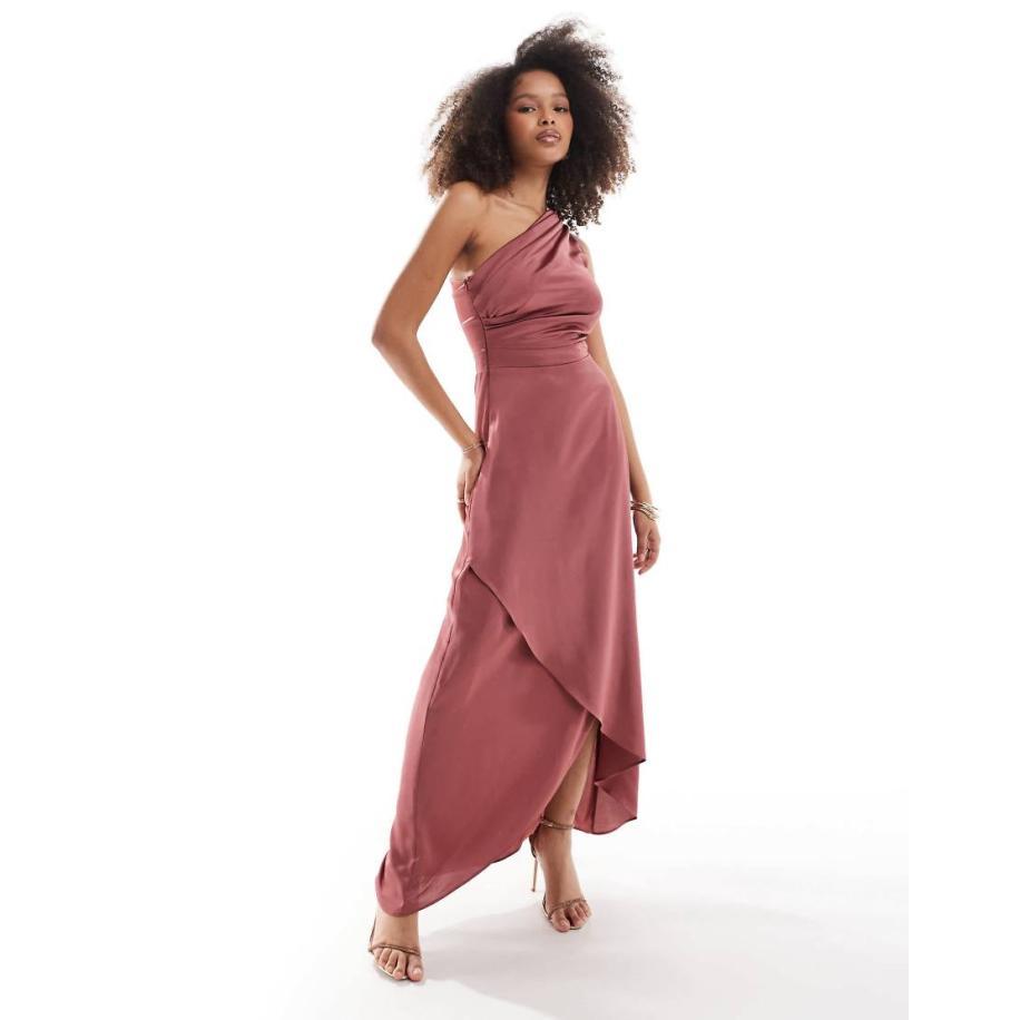 TFNC Lange satijnen bruidsmeisjesjurk met blote schouder in moerbei-Zwart Zwart