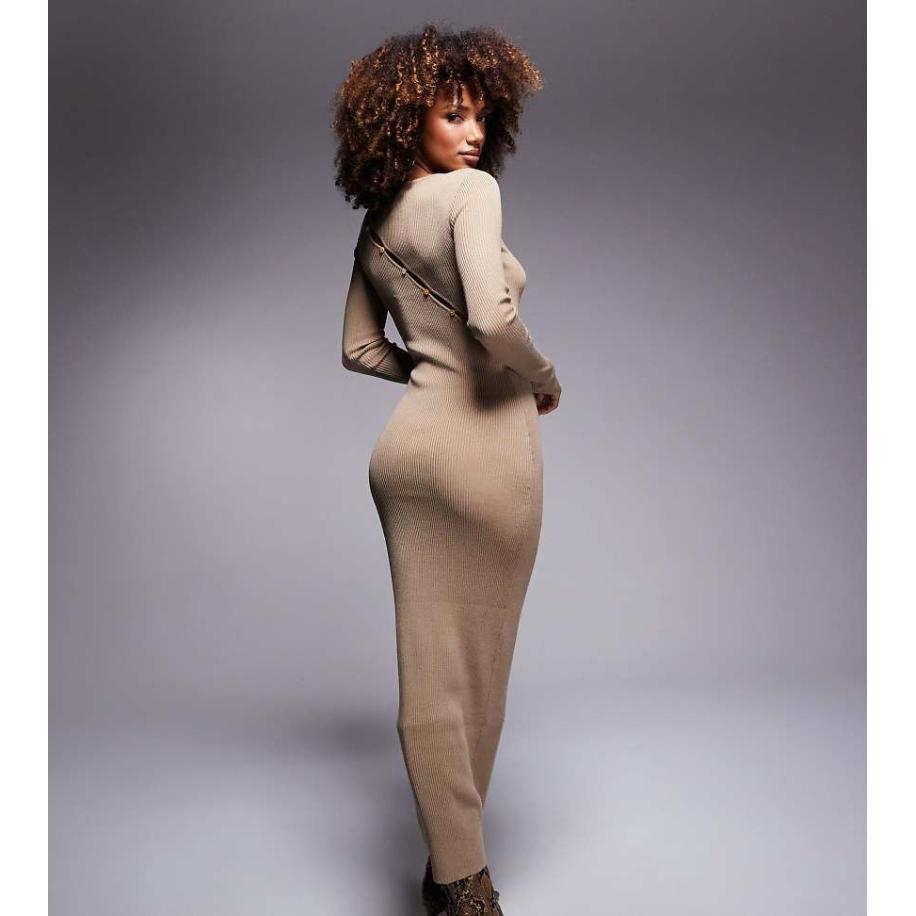 Kaiia Exclusives Gebreide maxi jurk met asymmetrische knopen op de achterkant en lange mouwen in mokka-Bruin Bruin