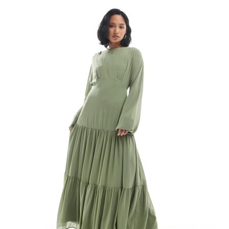 TFNC Petite Bruidsmeisjes Maxi-jurk van chiffon met rok met stroken in saliegroen