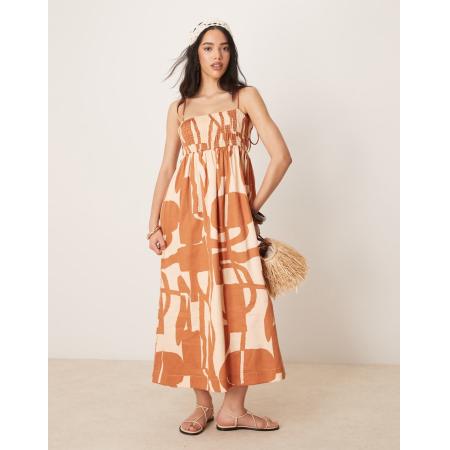 ASOS DESIGN Maxi-jurk van katoen satinet met gesmokte buste in abstracte print-Veelkleurig