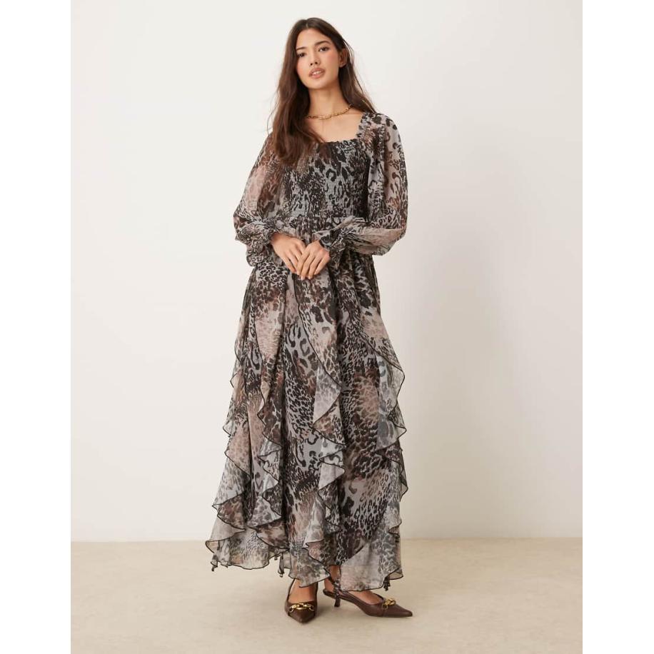 Miss Selfridge Maxi jurk met ruches aan de zoom en dierenprint-Veelkleurig Multicolor