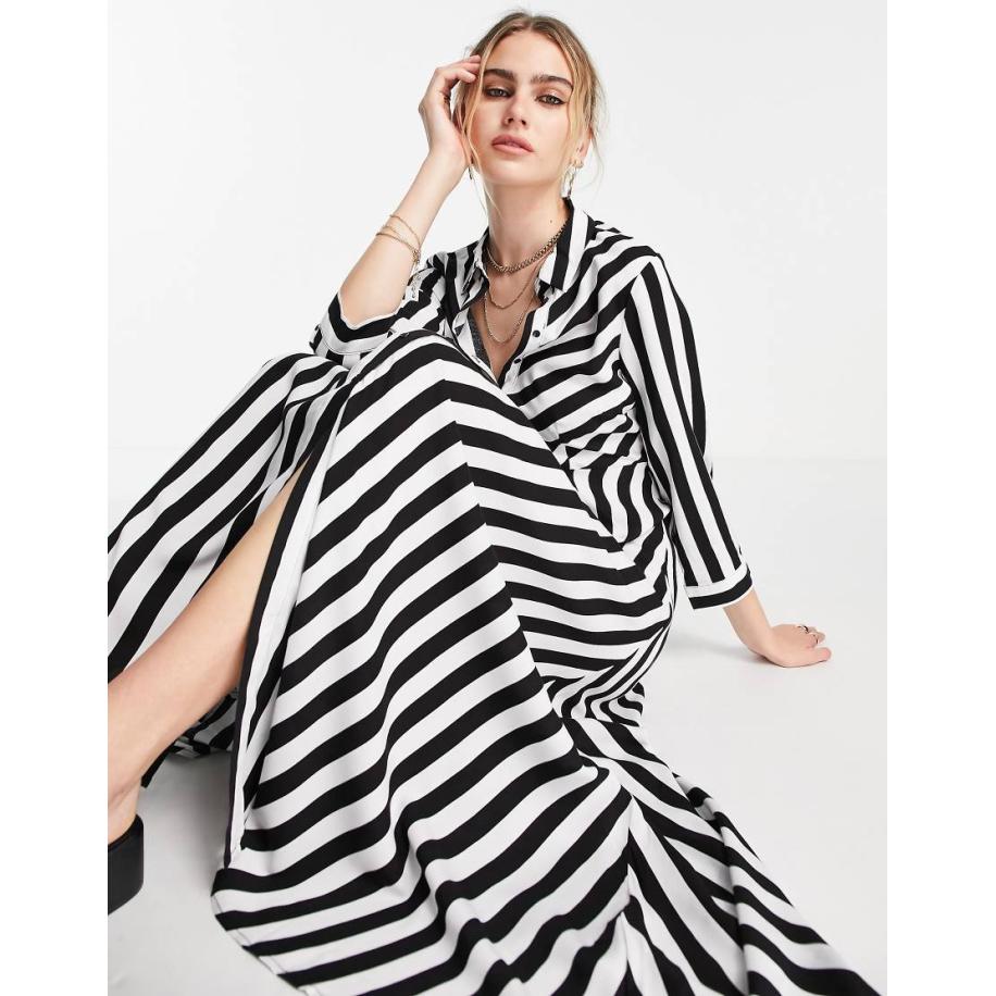 Y.A.S Maxi overhemdjurk met brede strepen-Zwart Zwart